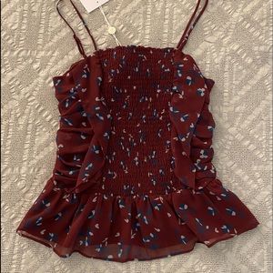 NWT burgundy printed smocked peplum top